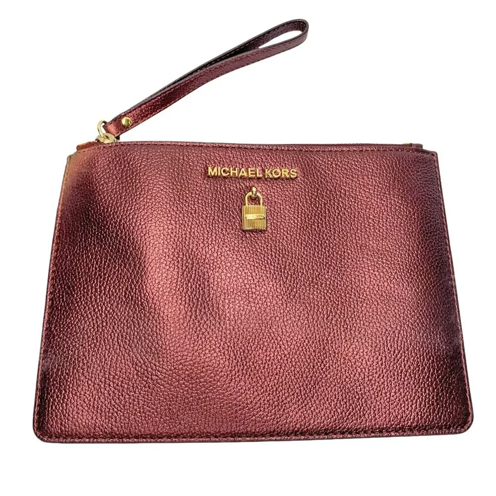 MICHAEL KORS‎ Adele Merlot Pebbled Leather Zippered Clutch Wristlet